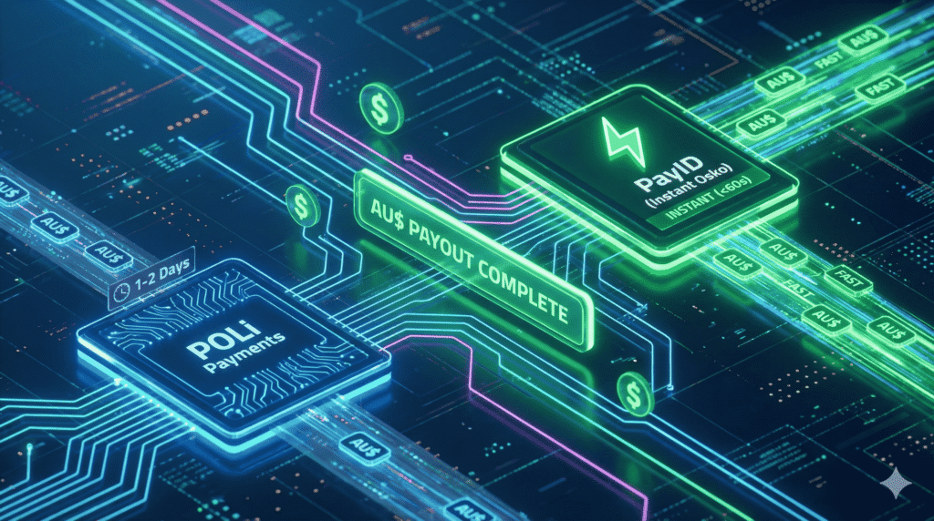 Comparison infographic of POLi versus PayID Osko for instant Australian gaming payouts in 2025