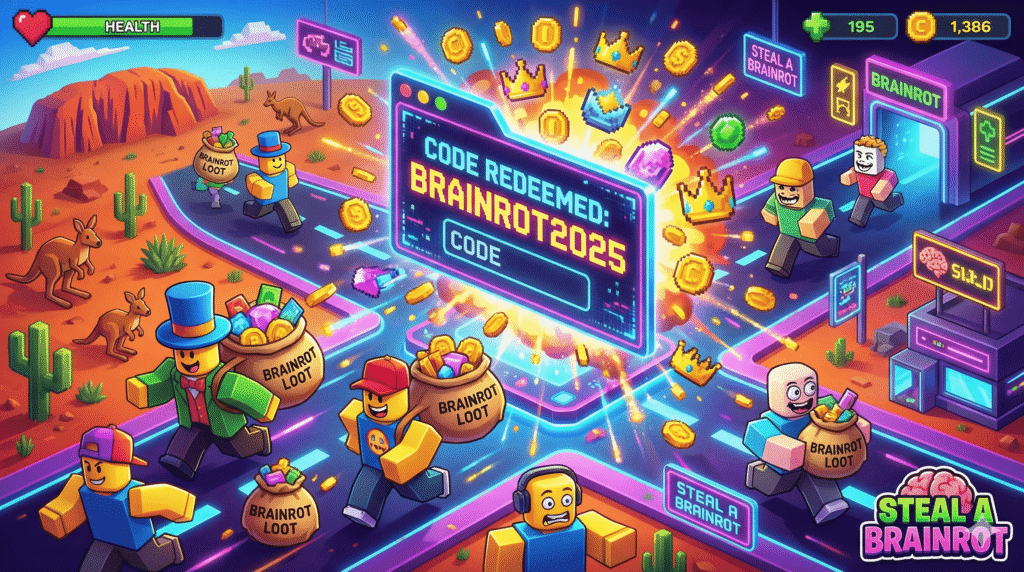Roblox players redeeming Steal a Brainrot codes for free rewards in January 2025 on an Australian server.
