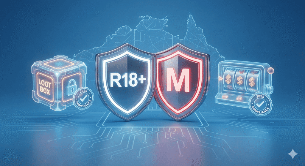 Infographic explaining the 2025 Australian game classification changes for loot boxes and simulated gambling