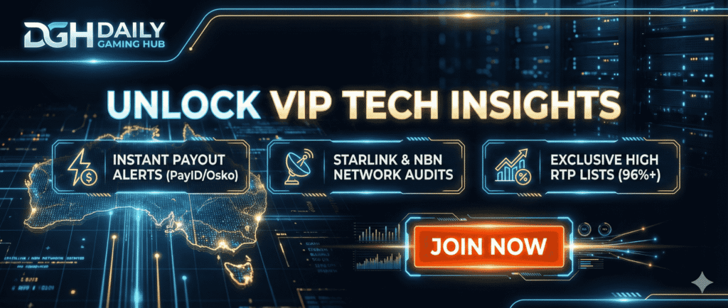 Daily Gaming Hub VIP Squad banner with dynamic speed graphics, showcasing real-time PayID velocity checks, daily Starlink stability logs, and verified technical audit data for Australian online gaming platforms