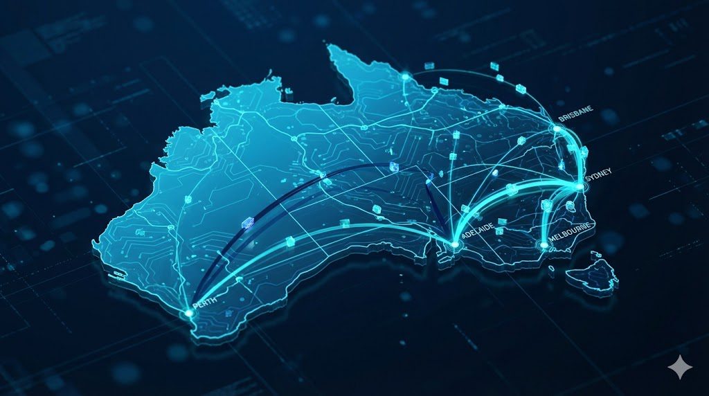 Network topology map of Australia showing NPP instant payment layers over legacy BSB banking routes