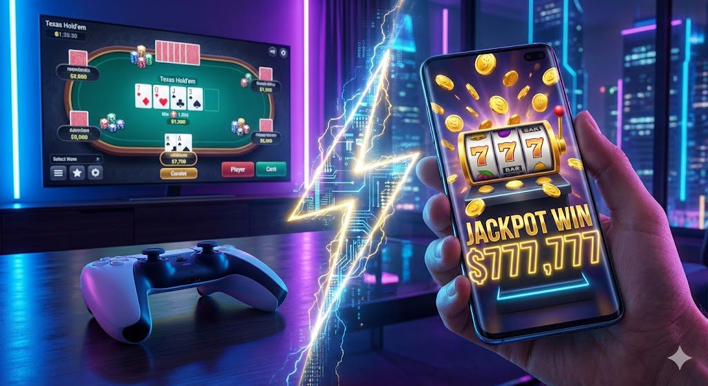 Comparison between PlayStation 5 console gaming and high-fidelity real money online pokies on mobile with instant payouts