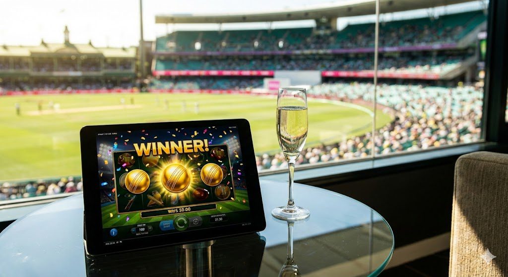 Playing cricket-themed online pokies on a tablet while watching The Ashes Game 5 at the SCG with instant betting wins