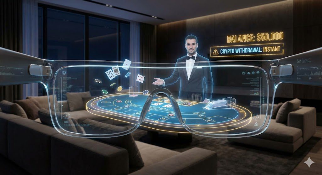 POV of a player using ROG Xreal AR glasses to play private live dealer baccarat at an online casino with a virtual floating interface
