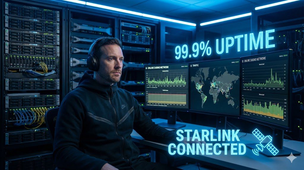 Network analyst Liam Scott reviewing latency graphs for best online pokies Australia 2026 on Starlink connection