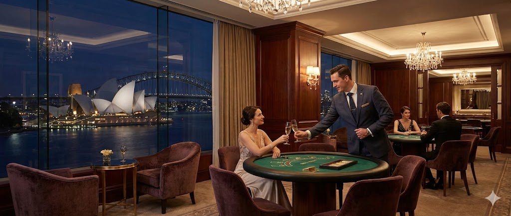 VIP concierge service host serving a high-roller client in an exclusive private gaming area with views of Sydney Harbour, representing the pinnacle of Royal VIP treatment