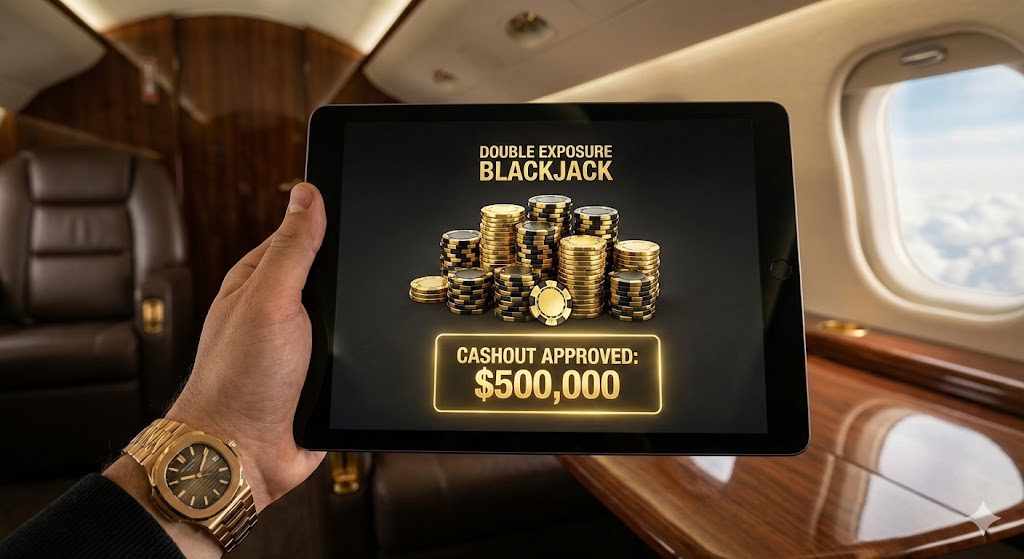 High roller playing Double Exposure Blackjack on a limitless cashout casino app with max bet $500 slots features and instant no cap payouts